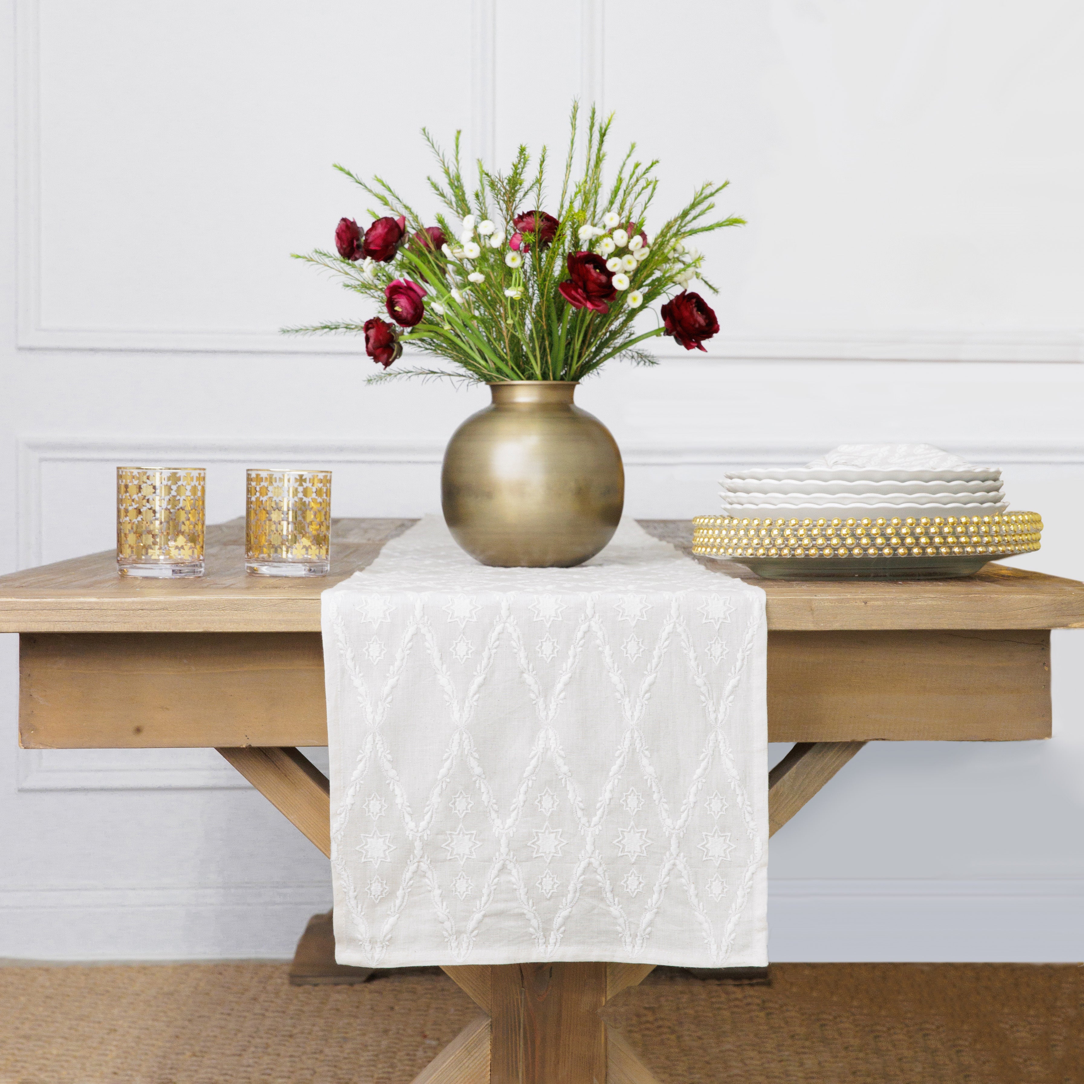 India Hicks Home x Pomegranate Embroidered White Diamond Table Runner