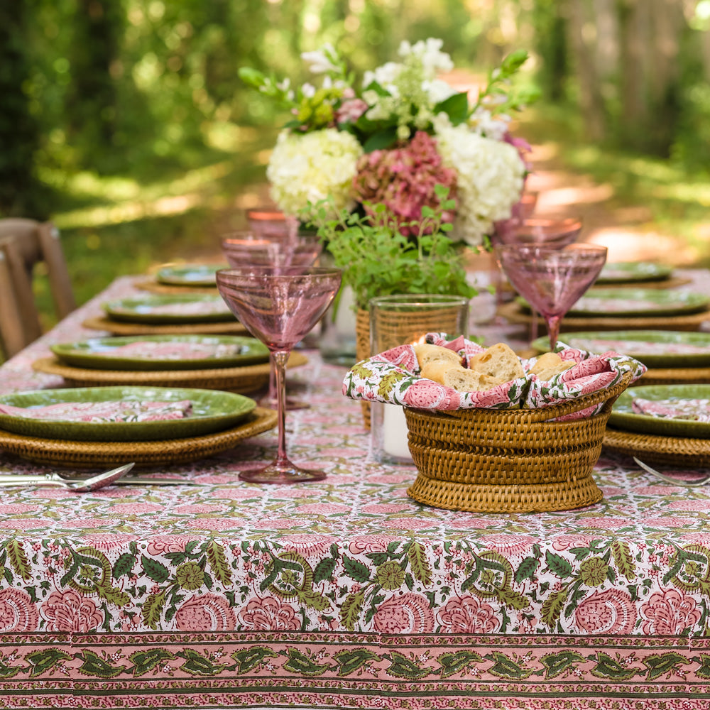 Bohemian Floral Moss Green & Mauve  Pink tablecloth