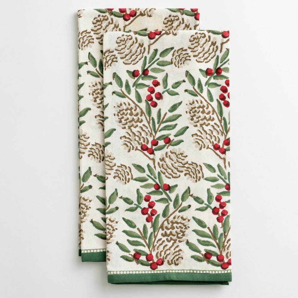 Tea Towels with Christmas Garland Print Green Florals & Berries and Pinecones