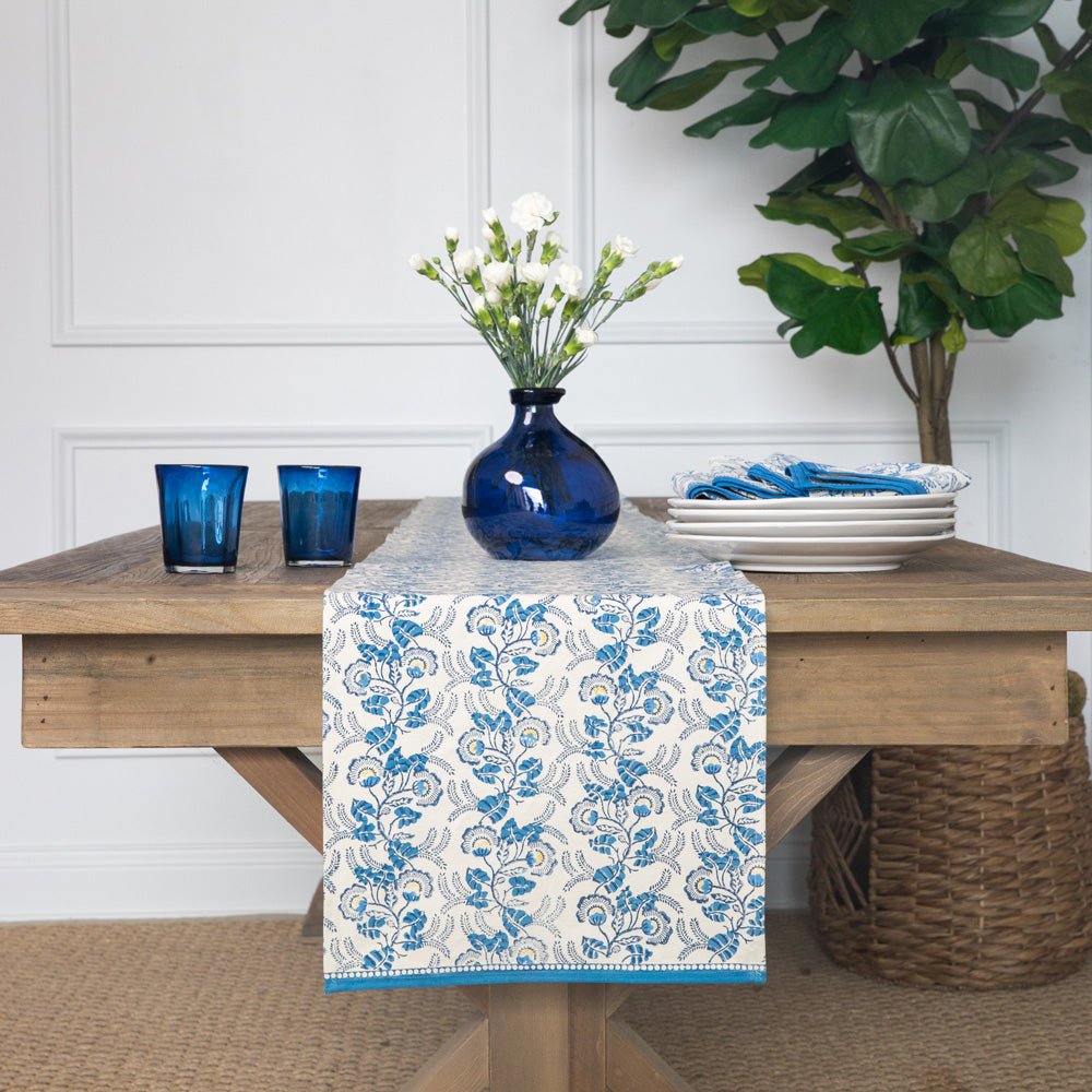 Hand block printed blue & white floral table runner