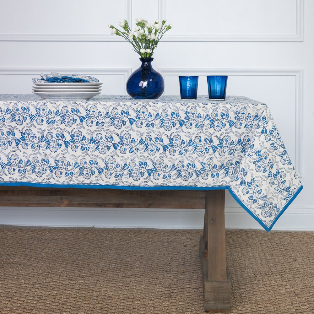 Hand block printed blue & white floral tablecloth