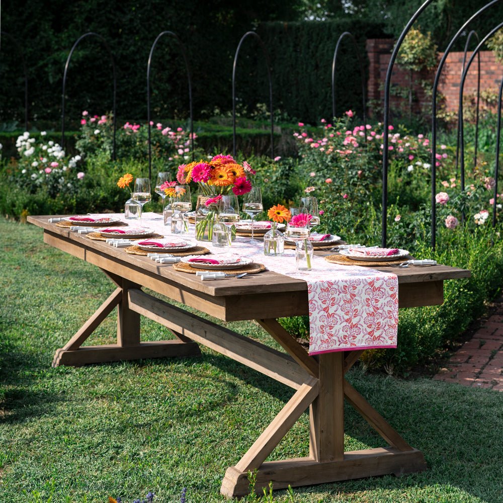 Hand block printed pink & white floral table runner