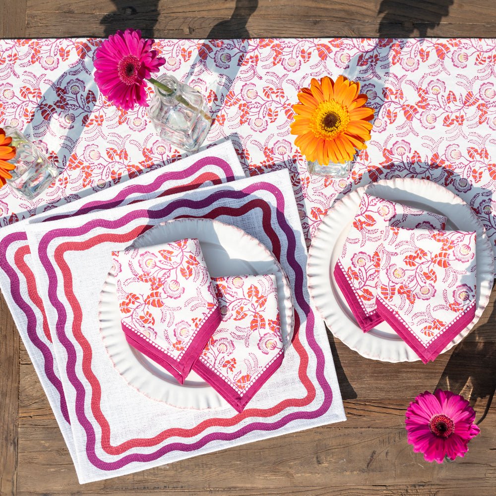 Hand block printed pink & white floral napkins