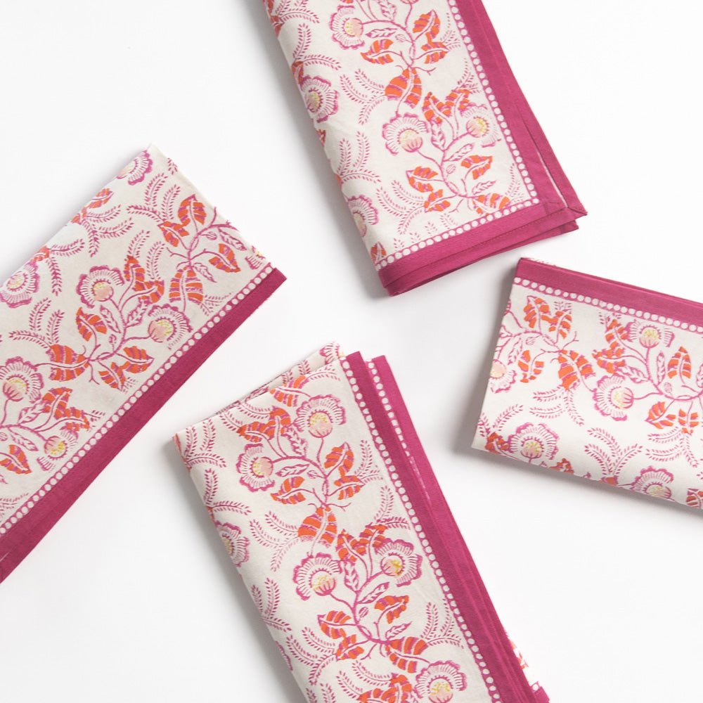 Hand block printed pink & white floral napkins