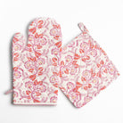 Hand block printed pink & white floral oven mitt & pot holder set