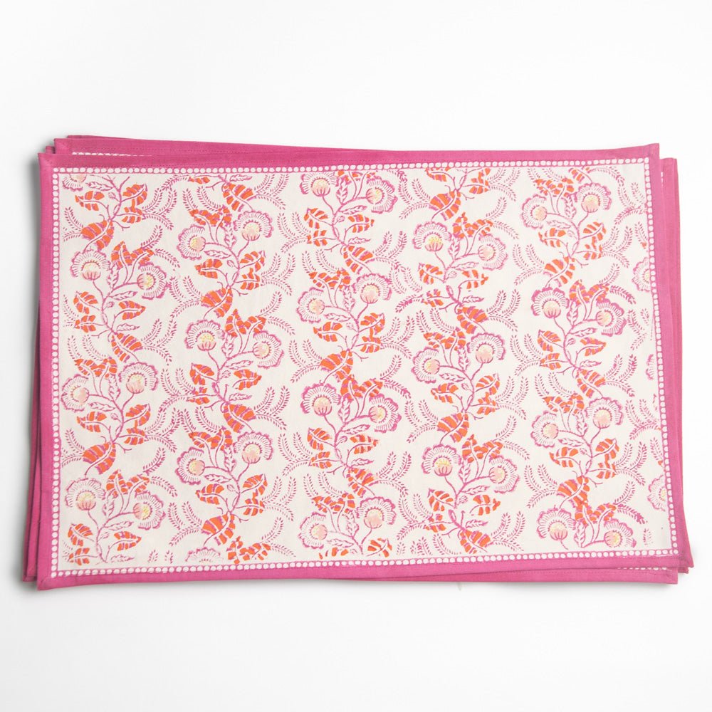 Hand block printed pink & white floral placemats