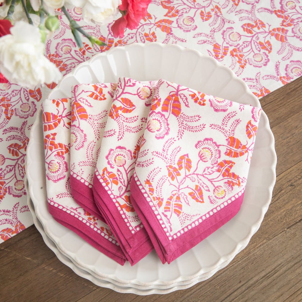 Hand block printed pink & white floral napkins