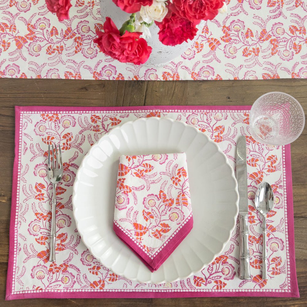 Hand block printed pink & white floral placemat