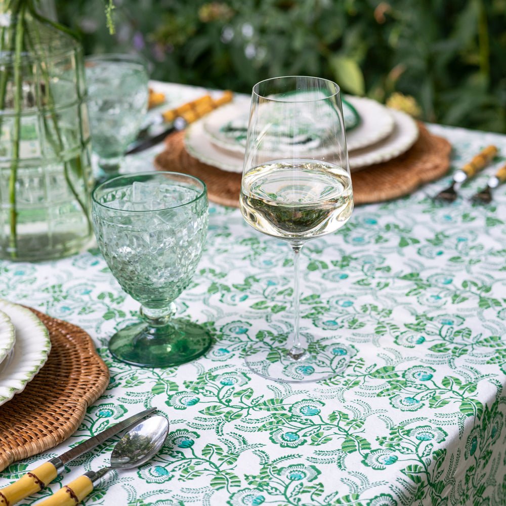 Hand block printed green & white floral tablecloth