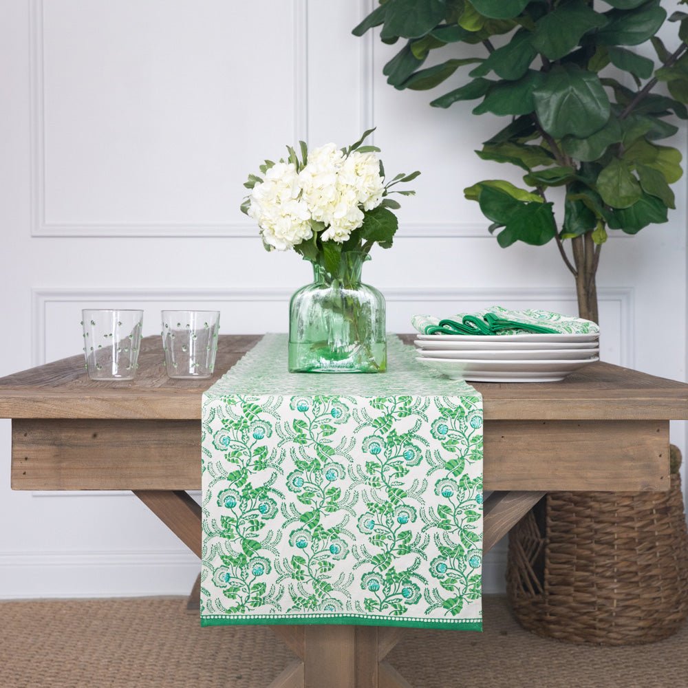 Hand block printed green & white floral table runner