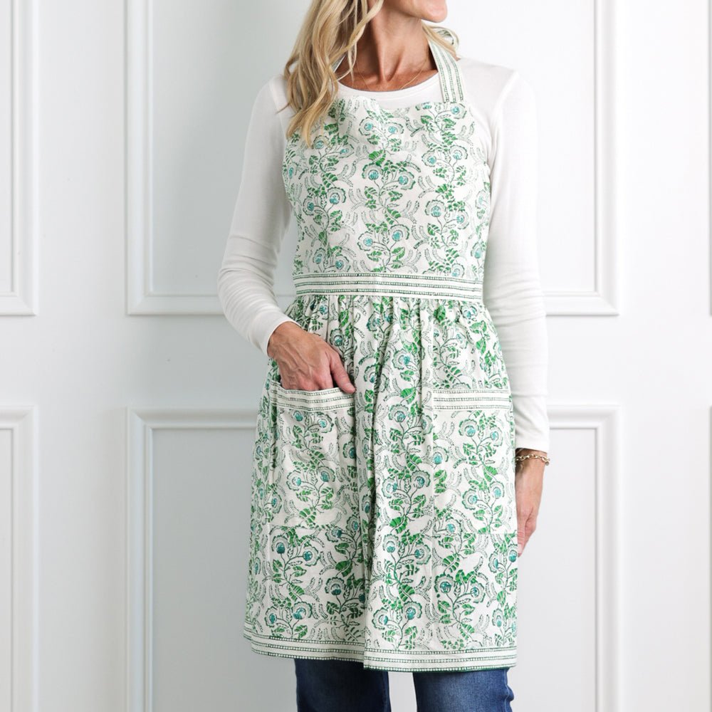 Hand block printed green & white floral apron with pockets and adjustable straps