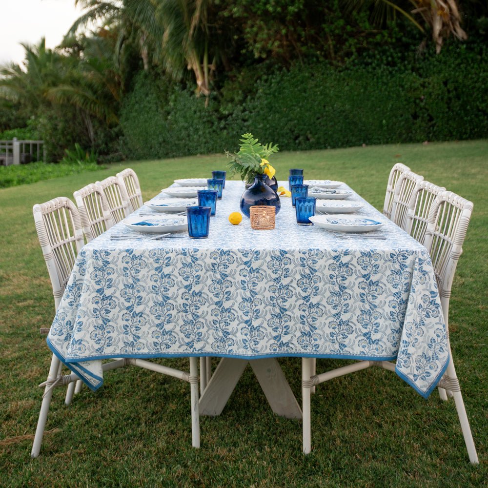 Hand block printed blue & white floral tablecloth