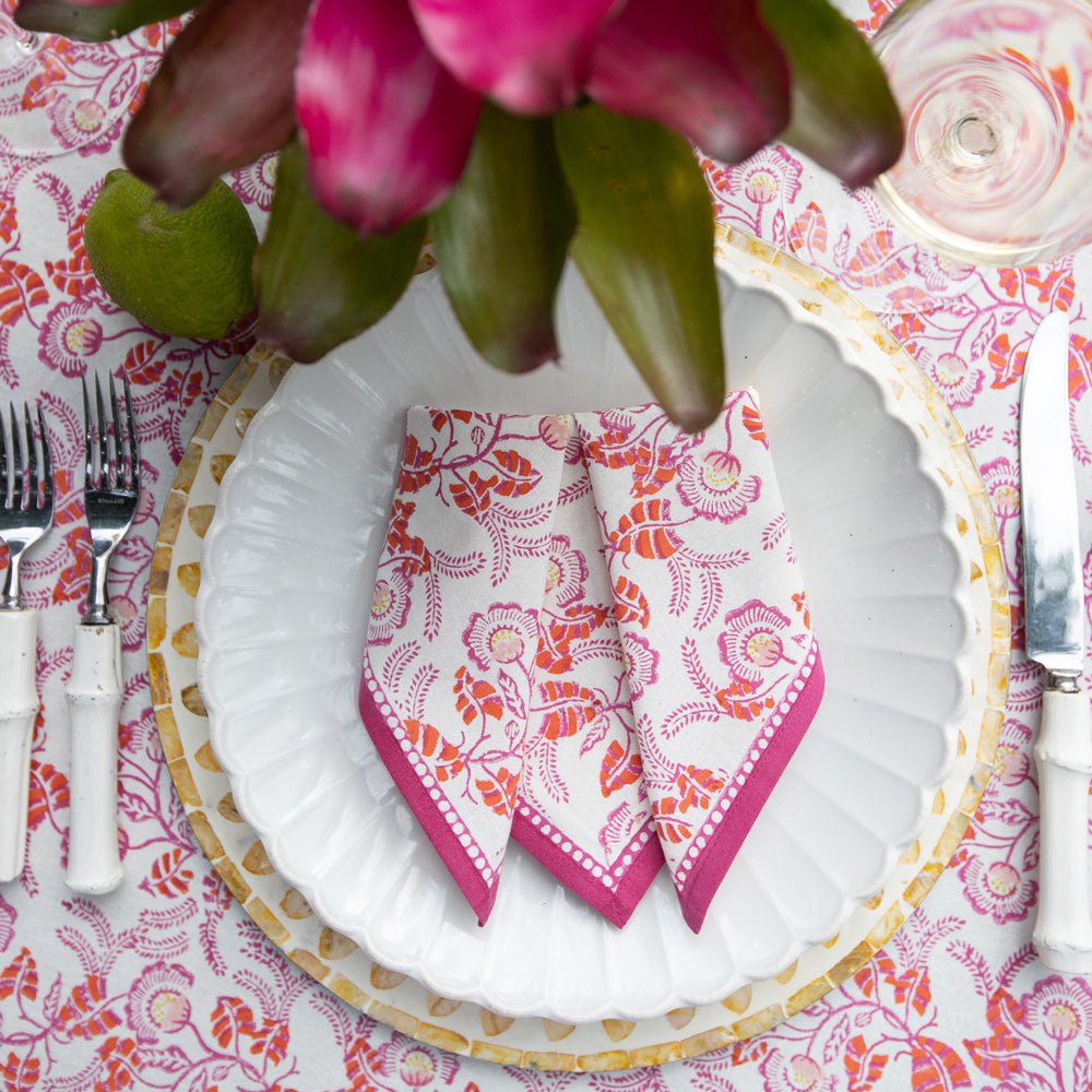 Hand block printed pink & white floral napkin