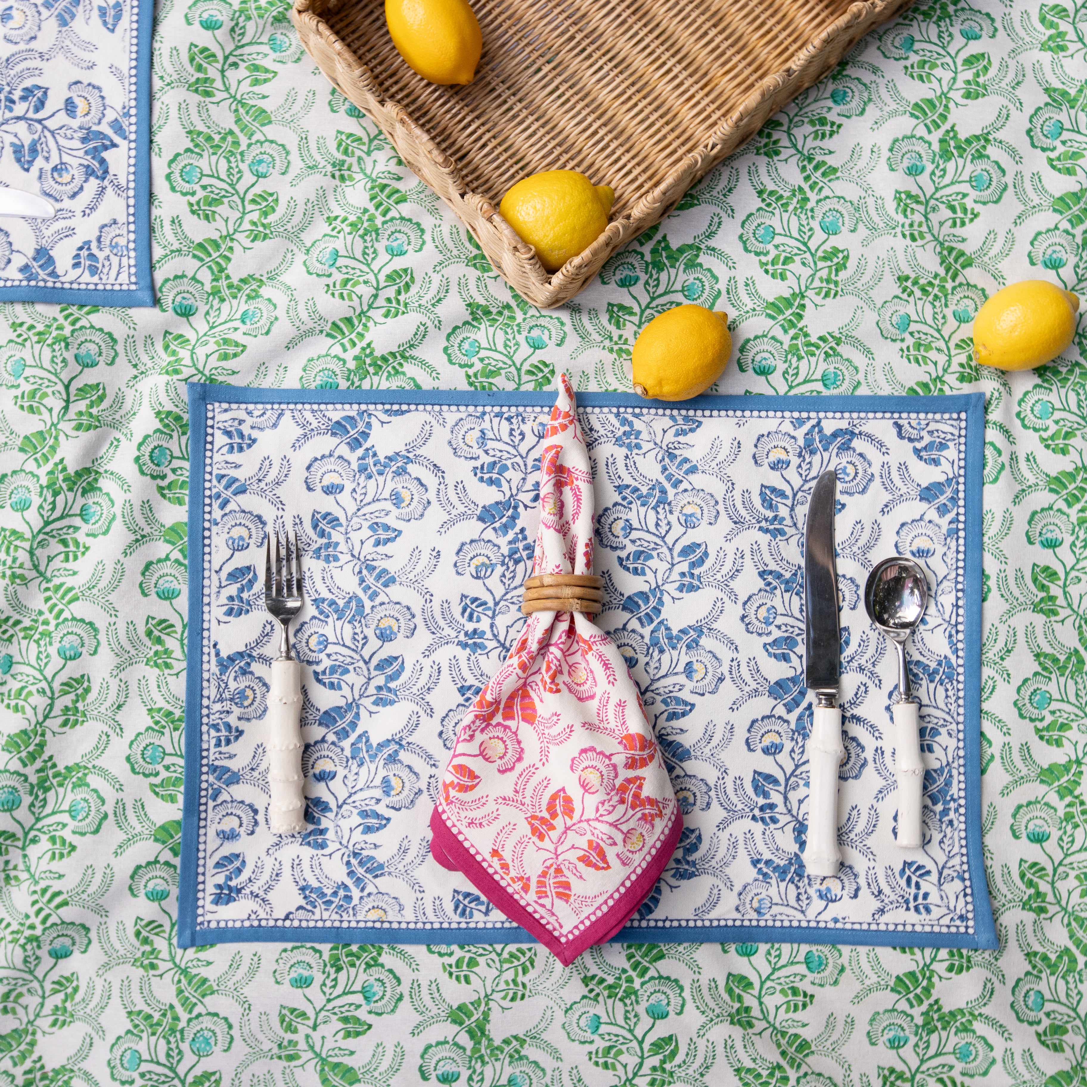 Hand block printed blue & white floral placemat