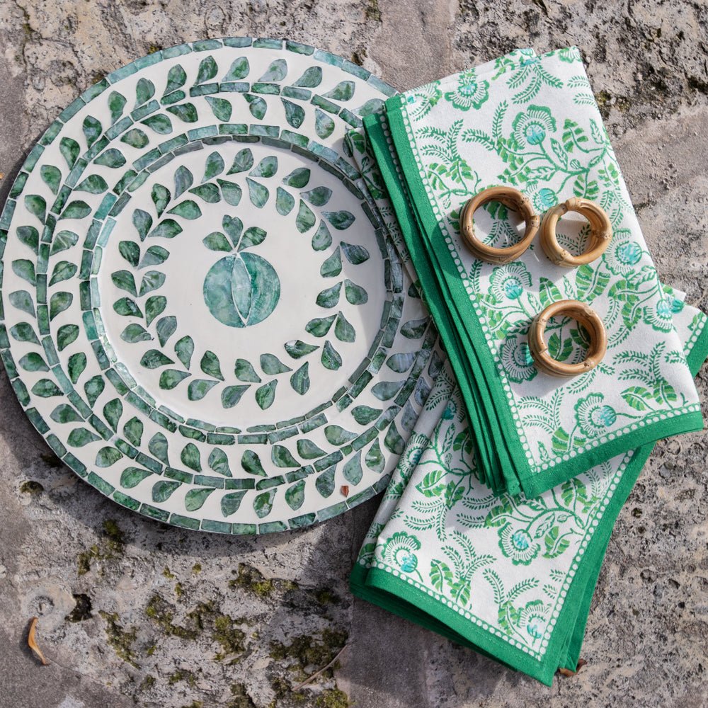 Hand block printed green & white floral napkins