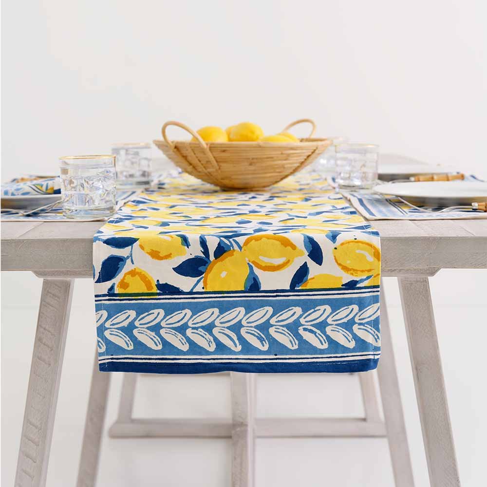 Vibrant yellow and rich navy hues on Mod Lemon table runner. 