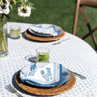 Napkin folded on plate with matching tablecloth. 