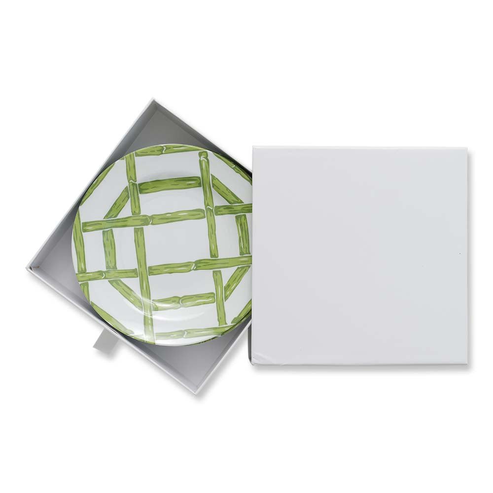 Green Bamboo Melamine Appetizer plate in box. 