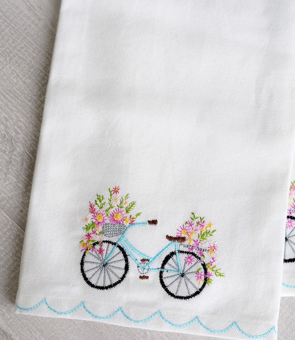 tea towel with stitched bicycle