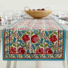 Floral table runner with colorful print of turquoise, cranberry red, pink, and aqua. 