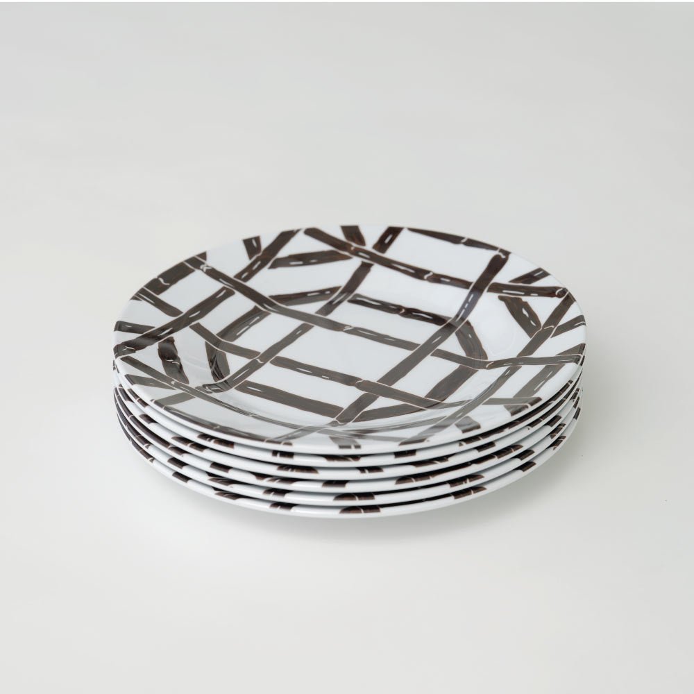 Set of 6 geometric print brown bamboo plate. 