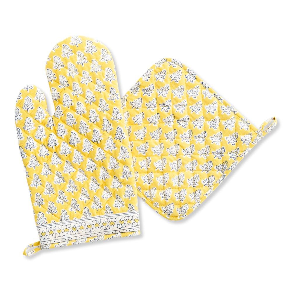 Yellow Pom Oven Mitt Set