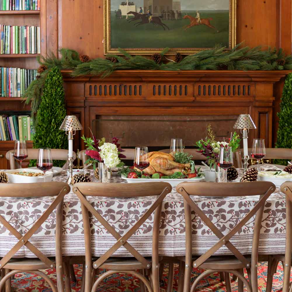 Holiday dinner with Ginkgo Taupe tablecloth. 