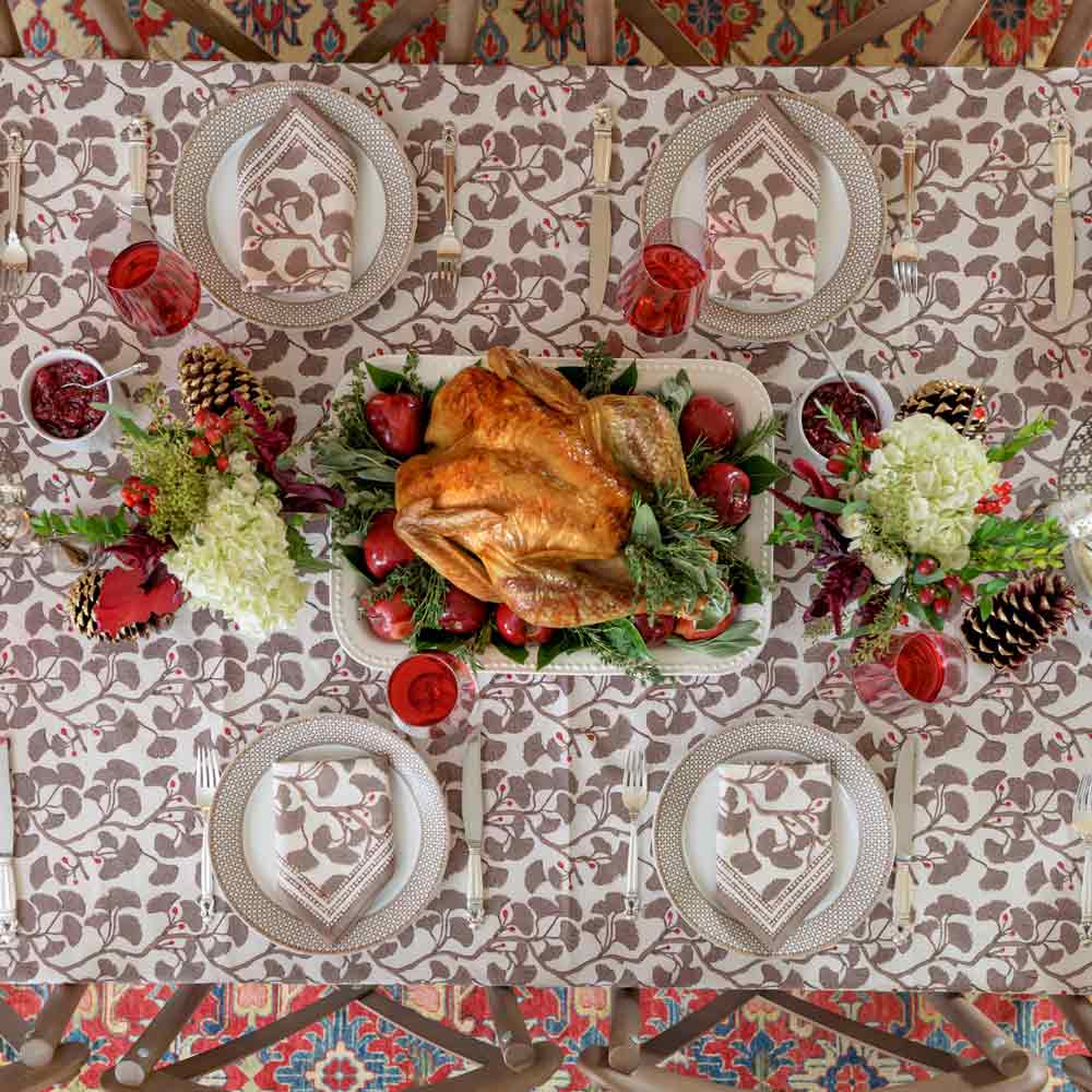 Overhead shot of holiday dinner. 