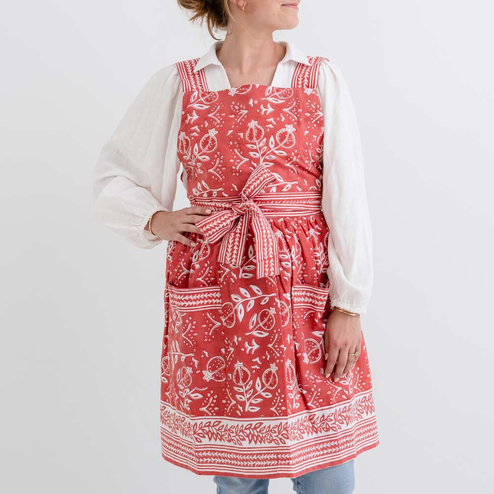 Pomegranate Poppy Apron with adjustable ties and pockets. 