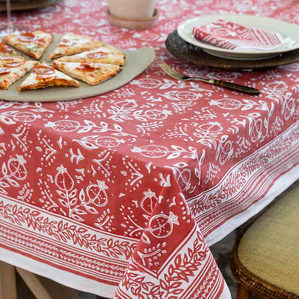 Corner of Pomegranate Poppy tablecloth. 