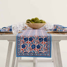 Hand block printed blue and paprika orange table runner. 