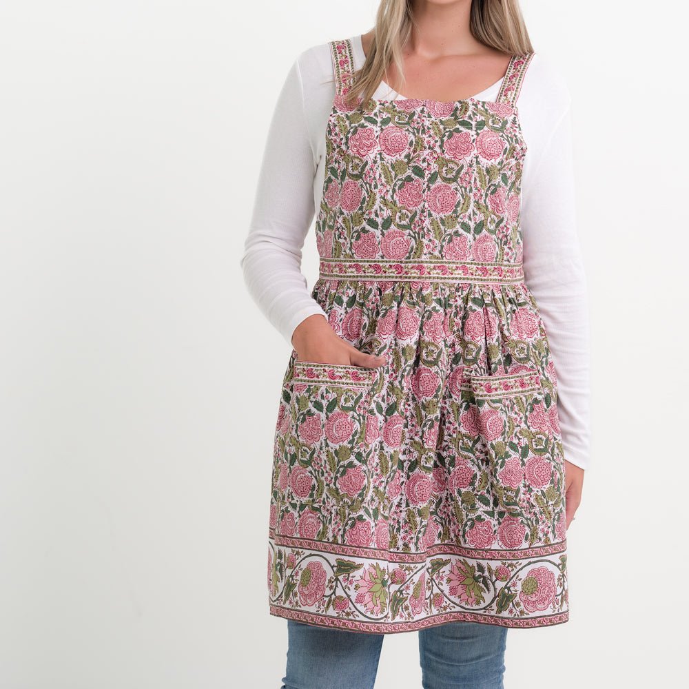 Bohemian Floral Moss Green & Mauve Pink Apron