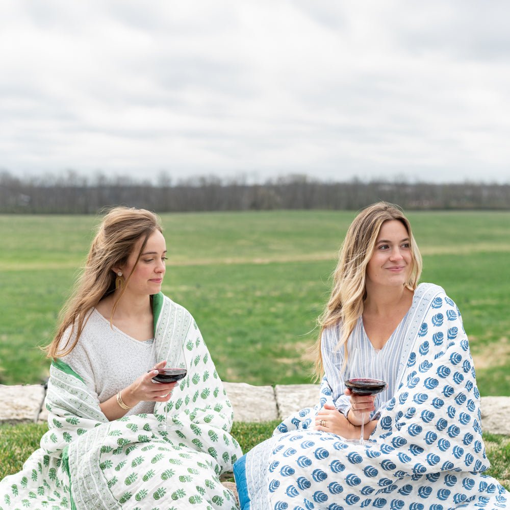 Chardonnay Green & White and Pinot Blue & White Floral Hand Block Printed Quilts