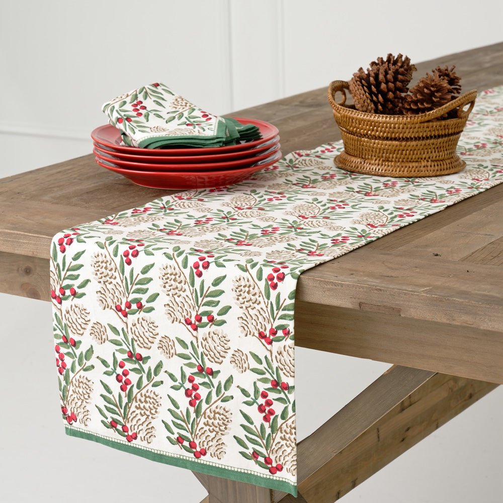 Table Runner with Christmas Garland Print Green Florals & Berries and Pinecones