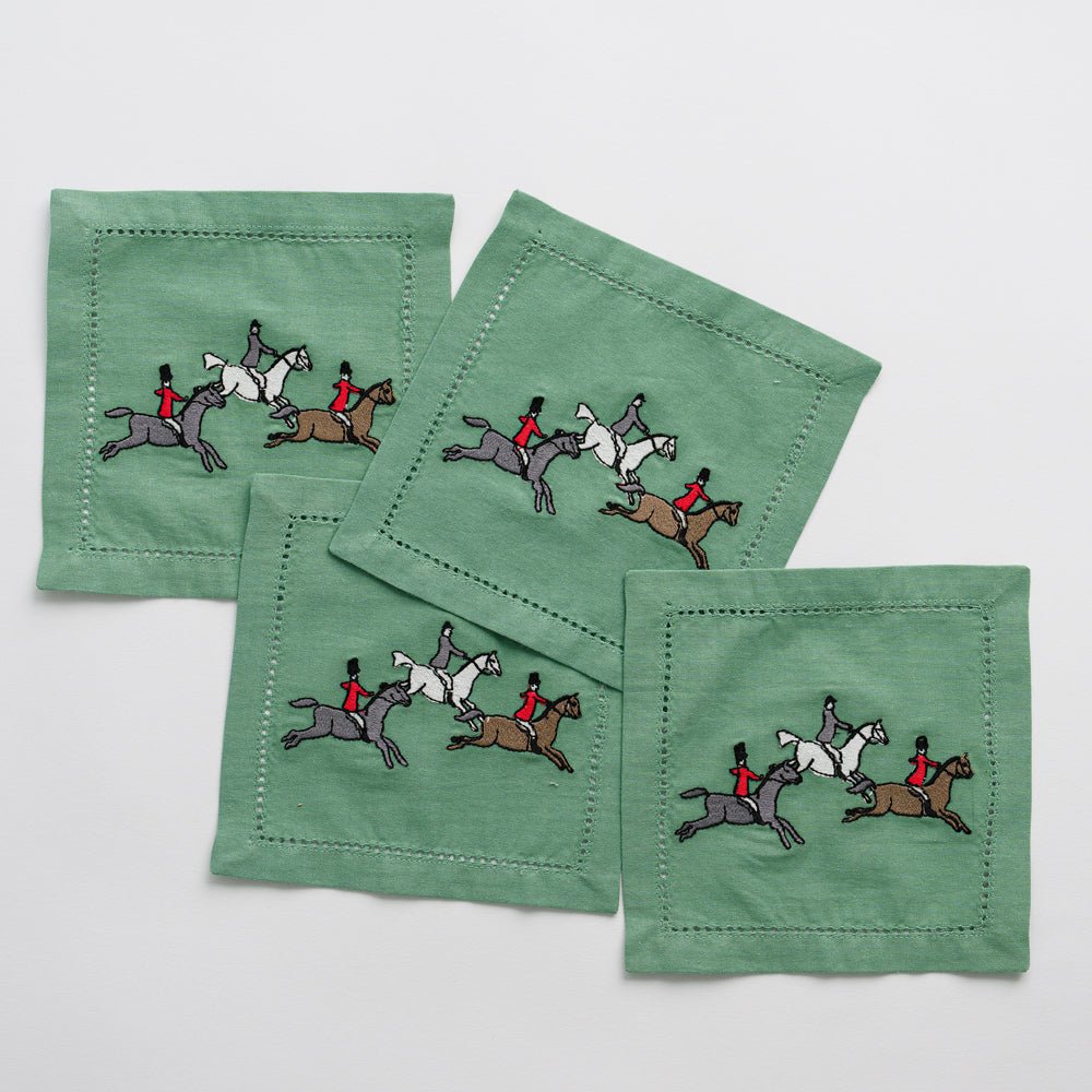 Embroidered Hunt Scene Green Equestrian cocktail napkins