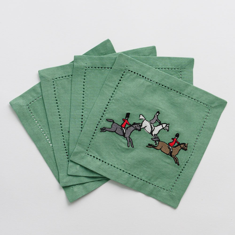 Embroidered Hunt Scene Green Equestrian cocktail napkins