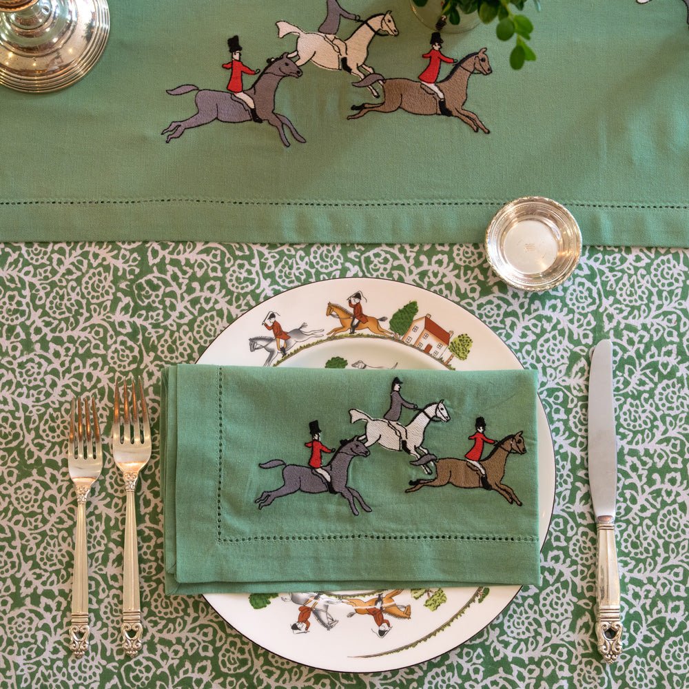 Green Embroidered Equestrian Hunt Scene Napkin