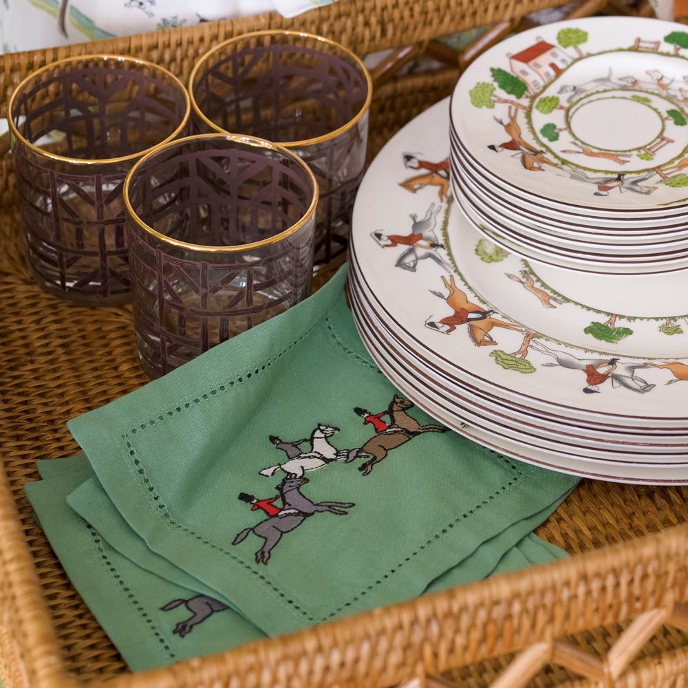 Green Embroidered Equestrian Hunt Scene cocktail napkins