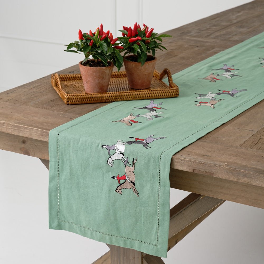 Green Embroidered hunt scene equestrian table runner