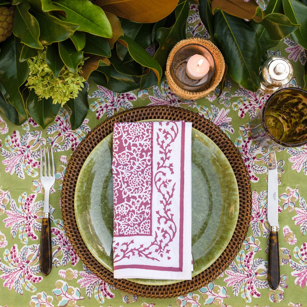 Tapestry eggplant purple & white napkins on. green plate 