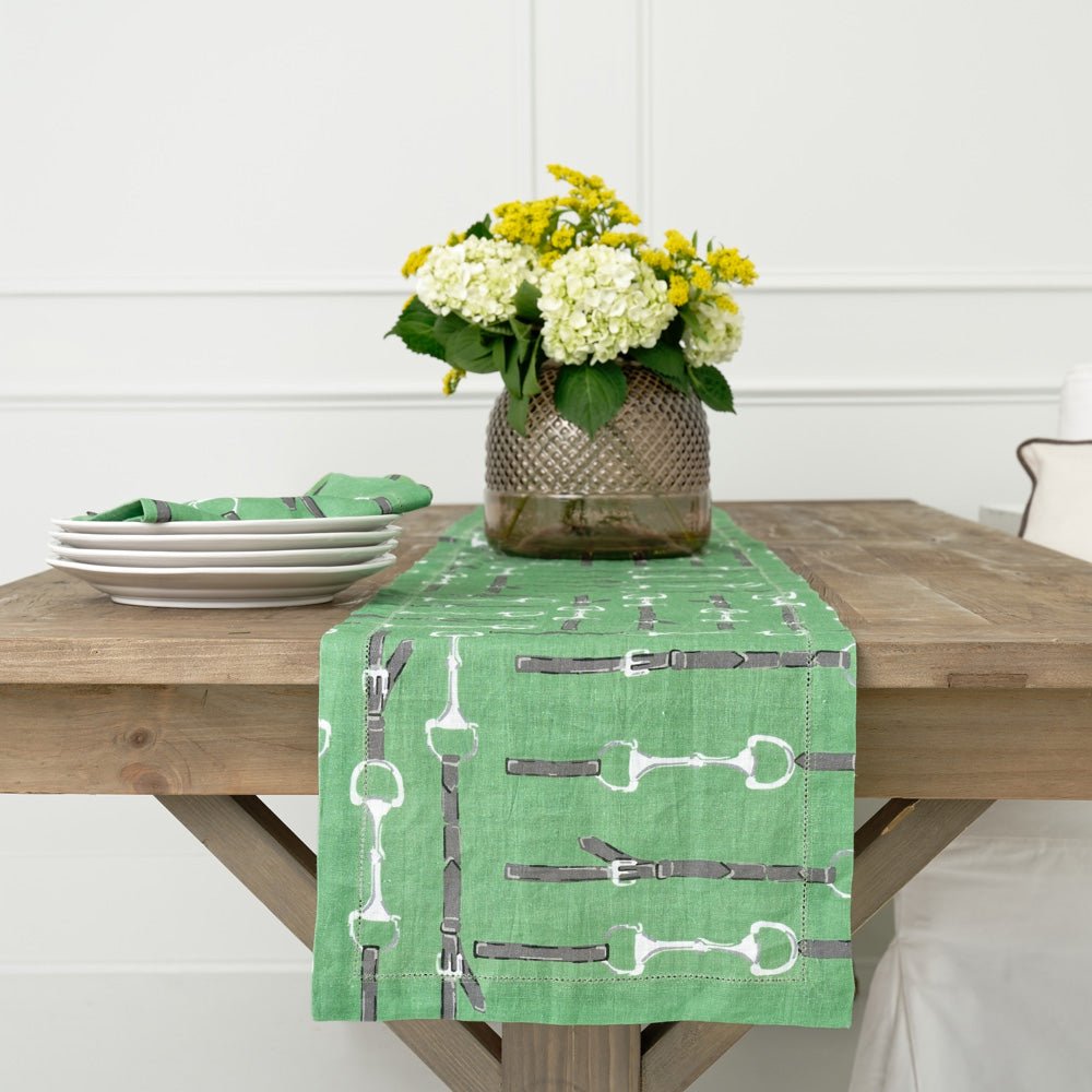 Green linen snaffle & buckle equestrian table runner