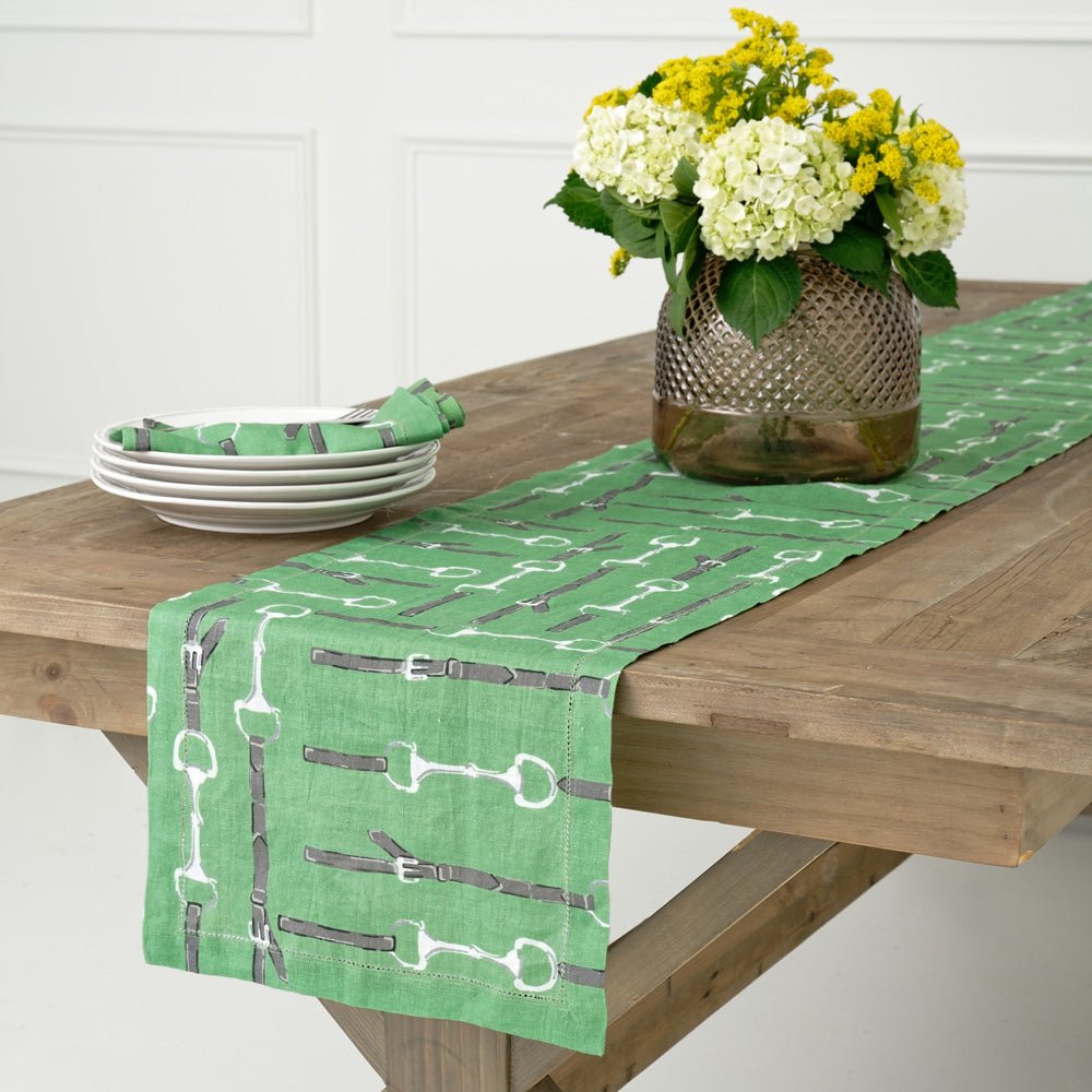 Green linen snaffle & buckle equestrian table runner