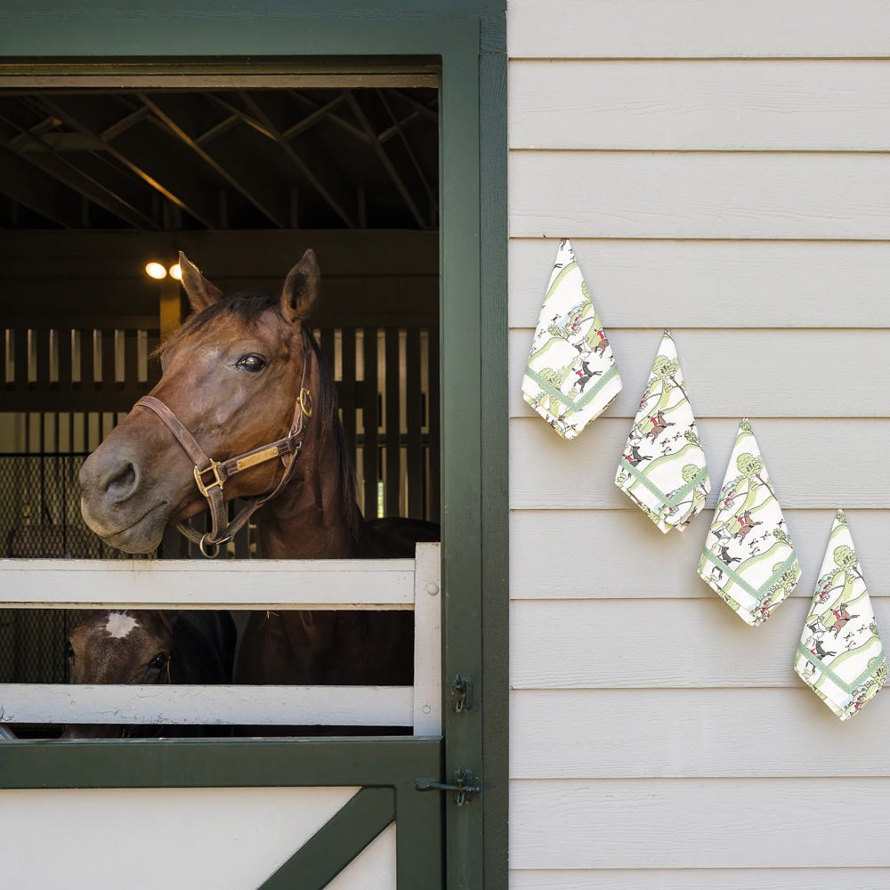 horse with hunt scene equestrian printed green ribbon napkins