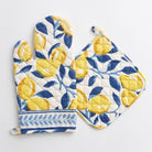 Beautiful navy and lemon printed pot holder and oven mitt set.