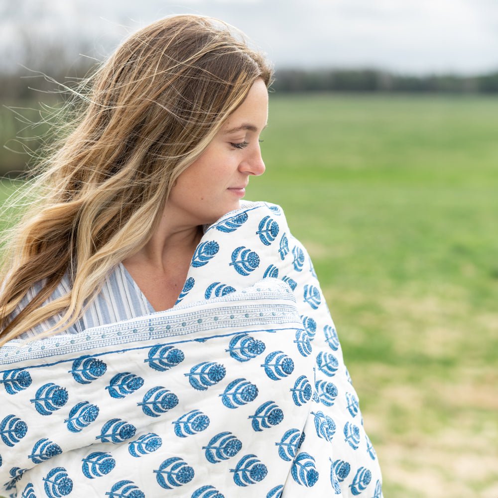 Pinot Blue & White floral hand block printed quilt