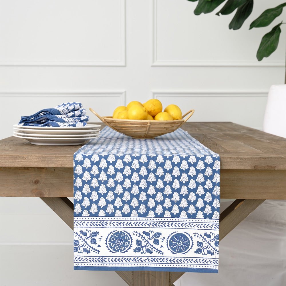 Pom Buti Denim Blue and White Floral Table Runner