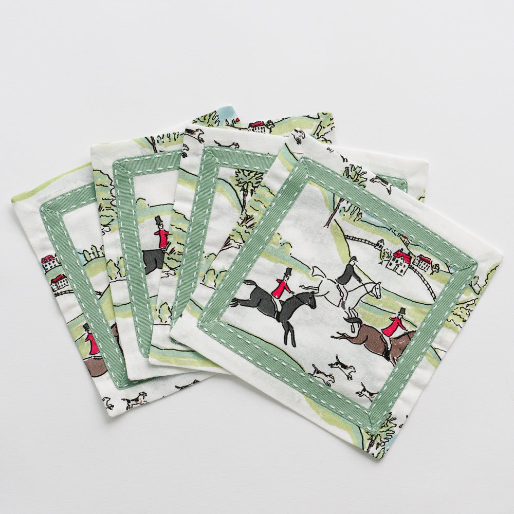 Cocktail napkins with equestrian Hunt Scene print and green ribbon