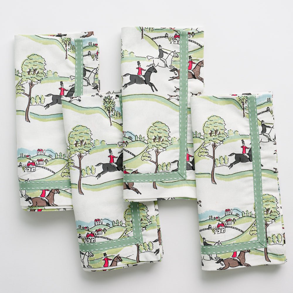 Napkin with equestrian Hunt Scene print and green ribbon