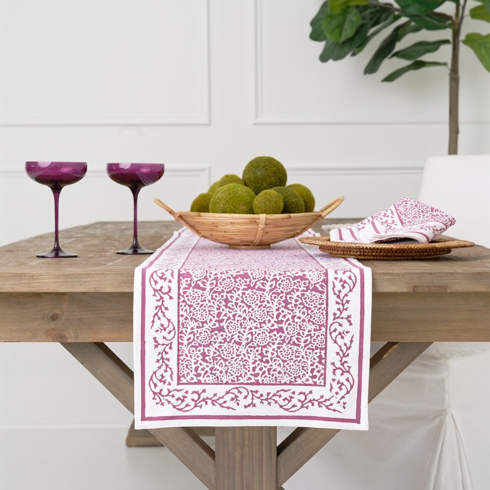 Tapestry eggplant purple & white table runner